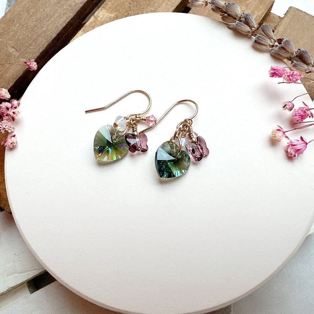14k Gold-Filled Erinite Shimmer Heart Crystal Cluster Earrings | Handmade in BC